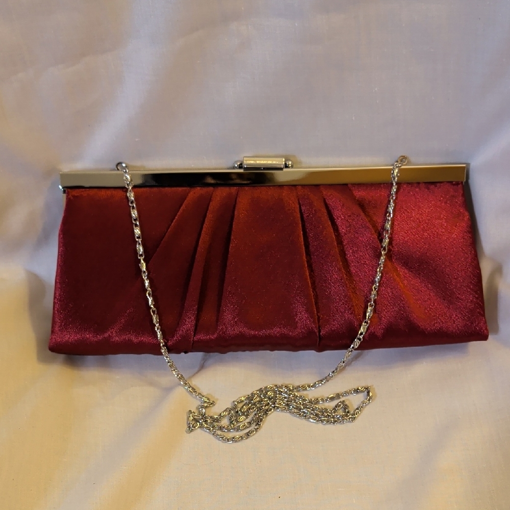 Gunne Sax Burgundy Satin Clutch with Silver Chain